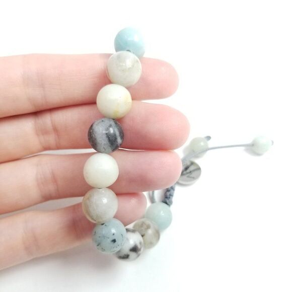 Pastel Stone Bead Bracelet, Soft Blues Creams Adjustable Drawstring Size - Picture 3 of 4